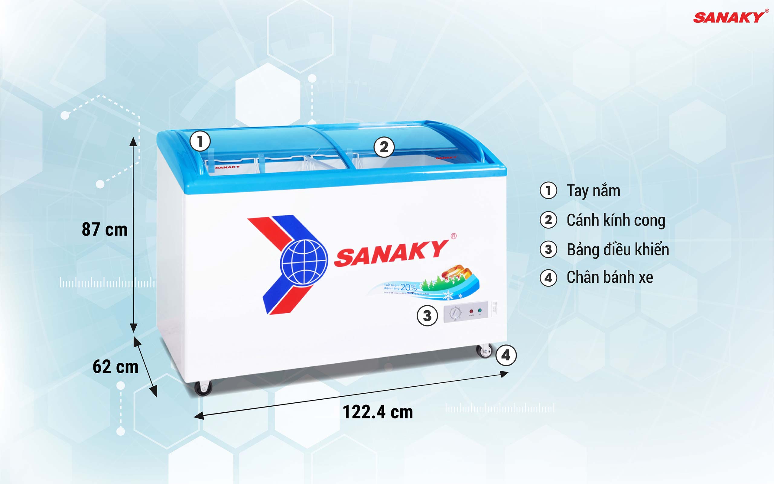 Tủ Đông Sanaky VH-4899K 340 lít, Mặt kính cong